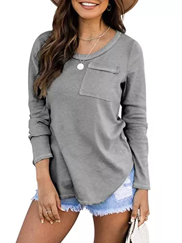 REORIA Langarmshirts REORIA Damen Langarmshirt Rundhals Pullover mit Tasche Ausgefranst Shirt