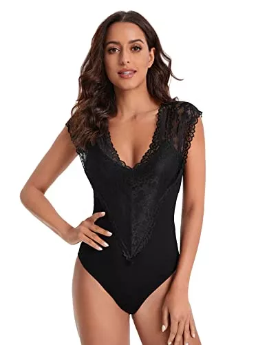 DIDK Tops DIDK Damen Elegant Body mit Spitzen Bodysuit Party Oberteil Bodys Spitzentop Overall mit Tiefer V-Ausschnitt