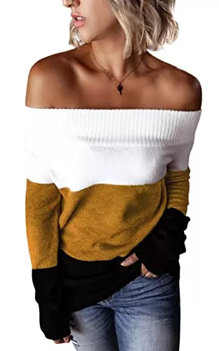 ASOMI Pullover & Strickmode ASOMI Pullover Damen Herbst Winter Elegant Sexy Schulterfrei Strickpullover Langarm Oversized Farbblock Sweatshirt Oberteile