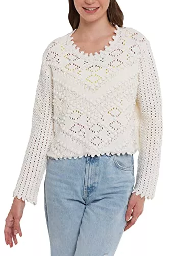 AVRILE Pullover & Strickmode AVRILE Weißer durchbrochener Strickpullover für Damen, hochwertige Materialien und lebendiger Farbpullover, Pullover mit Pom Pom-Muster, stilvoller und bequemer Pullover für Frauen