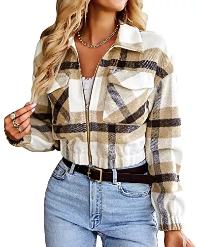 Bequemer Laden Jacken Bequemer Laden Damen Langarm Flanell Plaid Kurz Jacken Reißverschluss Revers Taschen Casual Mäntel Herbst Shirts Tops