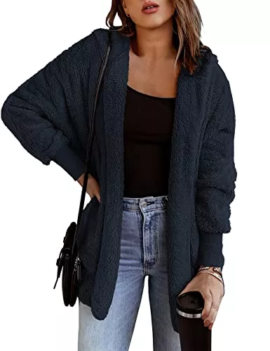 Roskiky Strickjacken Roskiky Damen Plüschjacke Kapuzenjacke Mantel Wintermantel Warm Strickjacke mit Kapuze und Taschen, offene Vorderseite