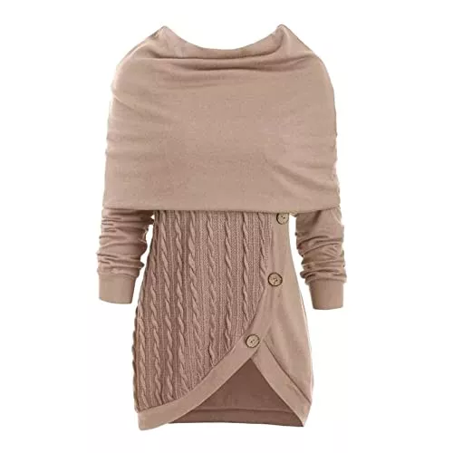 MICKURY Pullover & Strickmode MICKURY Damen Langarmbluse Plus Size Damen O Neck Langarm Solid Botton Pachwork Asymmetrische Tops Pullover