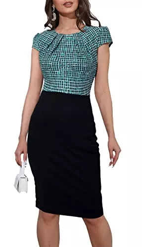 HOMEYEE Business HOMEYEE Damen Vintage Rundhalsausschnitt Blumendruck Bodycon Business Bleistift Kleid B316