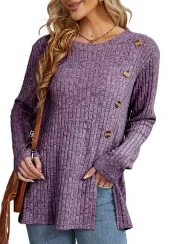 Xpenyo Pullover & Strickmode Xpenyo Damen Langarmshirts Damen Leichte Pullover Knöpfe Front Schlitz Tunika Shirts