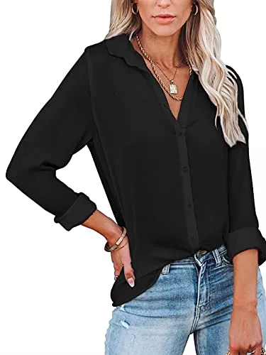 Famulily Langarmblusen Famulily Bluse Damen Elegant V-Ausschnitt Langarm Klassische Einfarbig BüGelfrei Business Hemd mit KnöPfen