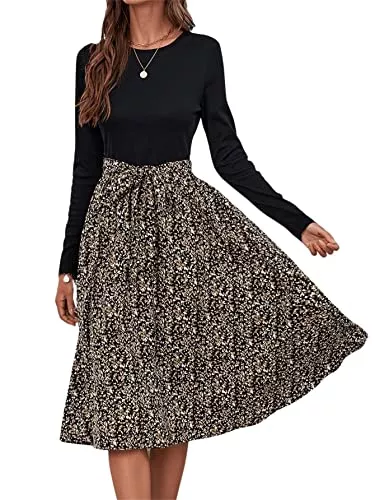 SheIn Freizeit SheIn Damen A Linie Kleid Langarm Freizeitkleid Knielang Grafik Muster Kleider Hohe Taille 2-in-1 Faltenkleid mit Gürtel