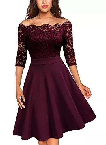 MISSMAY Cocktail MISSMAY Damen Vintage Abendkleid 1950er 3/4 Arm Off Schulter Cocktailkleid Spitzen Schwingen Pinup Rockabilly Kleid