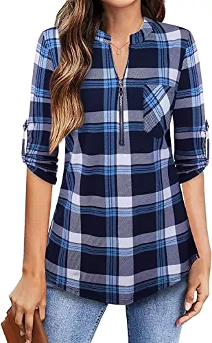 Amrto Langarmblusen Amrto Damen V-Ausschnitt Langarm Bluse 3/4 Ärmel Tunika Hemd mit Reißverschluss 4-Jahreszeiten Oberteil Business Outfit T-Shirt für Frauen