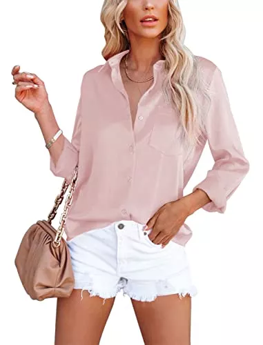 Homlan Langarmblusen Homlan Damen Bluse Elegant V-Ausschnitt Satin Langarm Casual Oberteile Locker Hemd Einfarbig Lose Langarmshirt Mit Brusttasche