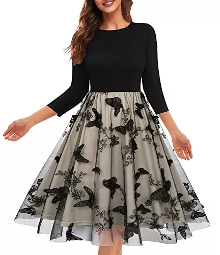 PIERRE NOIR Cocktail PIERRE NOIR Rockabilly Kleider Damen Elegant Festlich Cocktailkleid 3/4 äRmel Langarm Vintage Kleider Damen Partykleid Fur Herbst Winter