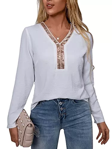 SheIn Langarmblusen SheIn Damen Elegant Langarm Bluse mit Kontrast Pailletten Oberteil V-Ausschnitt Tunika Langarmshirts Büro Chiffon Blusen