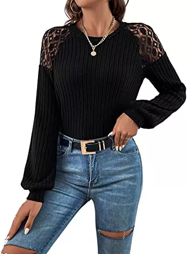 GORGLITTER Pullover & Strickmode GORGLITTER Damen Elegant Pullover mit Spitzenbesatz Elegant Langarmshirt Gestrickt Oberteil Sweatshirt Pulli Rundkragen Casualshirt