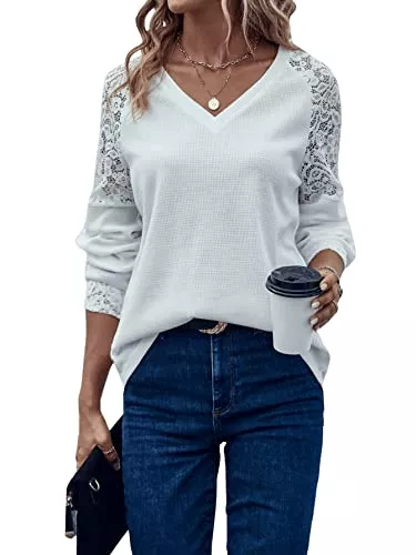 GORGLITTER Langarmshirts GORGLITTER Damen Langarmshirt mit Spitzenarm Elegant Langarm Oberteile Sweatshirt Strick Bluse V Ausschnitt Pullover