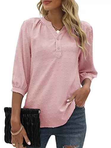 Bequemer Laden Langarmblusen Bequemer Laden Sommer Damen V-Ausschnitt 3/4 Ärmel Casual Tshirt Swiss Dot Knopfleiste Chiffon Oberteile Top T-Shirt Bluse Tunika