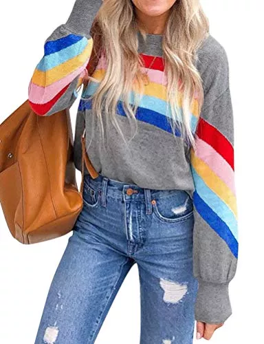 Dresswel Pullover & Strickmode Dresswel Damen Regenbogen Sweatshirt Gestreift Pullover Pulli Jumper Farbblock Langarmshirt Bluse Elegant Oberteile