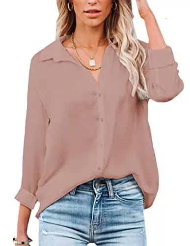 NONSAR Langarmblusen NONSAR Damen Bluse V-Ausschnitt Hemden Elegant Langarm Casual Arbeit Oberteile mit Knöpfen Tops Langarmshirt