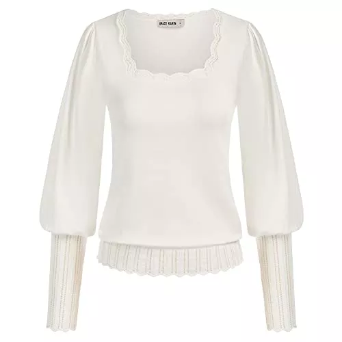 GRACE KARIN Pullover & Strickmode GRACE KARIN Damen Langarm Rundhals Pullover Vintage elegant Sweater Laternenärmel H-Linie Tops