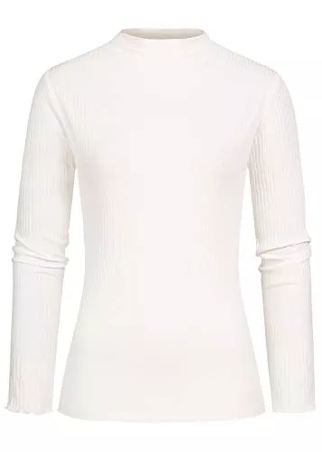 Styleboom Fashion® Langarmblusen Styleboom Fashion® Damen Ribbed Longsleeve Frilldetails Off Weiss