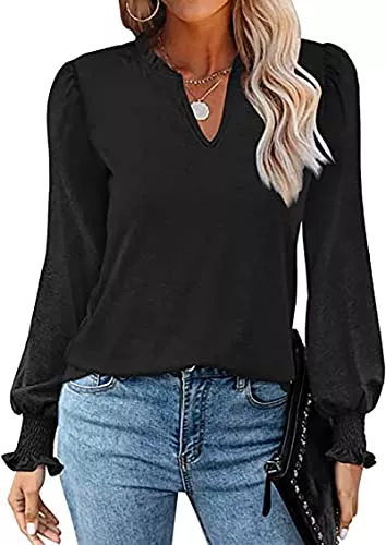 LKNBLIL Langarmblusen LKNBLIL Damen Kariert Bluse Langarm Elegant Oberteil Flowy Locker V-Ausschnitt Tunika Tops Hemd T-Shirt
