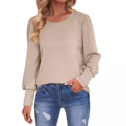 Generic Langarmshirts Damen Bluse Langarm Herbst Rundhals Pullover Einfarbig Elegant Langarmshirts Casual Oberteile Tops Puffärmel Tunika T-Shirt