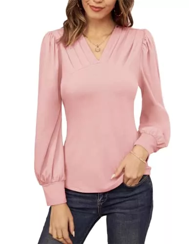 GRACE KARIN Langarmblusen GRACE KARIN Damen V-Ausschnitt Bluse Elegant Wickelbluse Laterne Langarm Slim Fit Plissee-Top Tunika Bluse