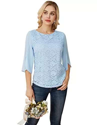 GRACE KARIN Langarmblusen GRACE KARIN Damen Elegant Spitze Bluse 3/4 Schlitz Ärmel Obertelie Chiffon Rundhals Shirts Casual Langarm Tops