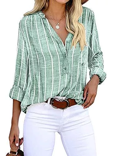 Cindeyar Langarmblusen Cindeyar Bluse Damen Langarm Streifen Oberteile Casual Langarmshirt Tops Lose Baumwolle Tunika Hemd