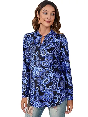Enmain Langarmblusen Enmain Damen Tunika Shirt Langarm Bluse Tunika Longshirt Paisley Blumen V-Ausschnitt 3/4 Ärmel Bluse Tunika Tops für Damen, S-2XL