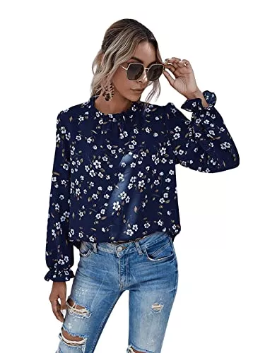 SheIn Langarmblusen SheIn Damen Elegant Bluse mit Rüschen-Kragen Langarm Oberteil Blusen Chiffonbluse Herbst Tunika Pollover Bishop Ärmel