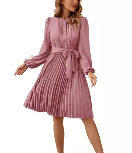 LIUMILAC Freizeit LIUMILAC Damen Elegant Hemdkleid Plissert Langarm Kleid A-Linie Gewebtes Freizeitkleid