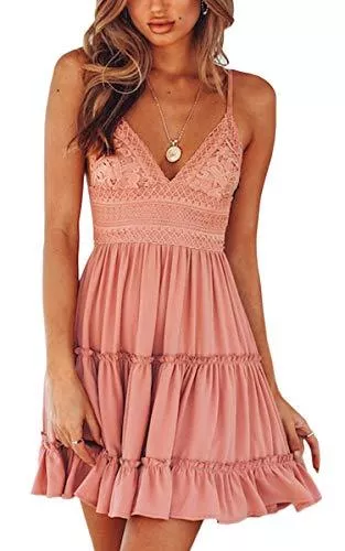 ECOWISH Freizeit ECOWISH V Ausschnitt Kleid Damen Spitzenkleid Träger Rückenfreies Kleider Sommerkleider Strandkleider Weiß