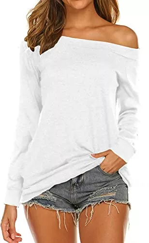 Lalala Langarmshirts Lalala Longshirt Damen Oberteile Elegant Schulterfrei Tshirt Kurzarm/Langarm Bluse Tunika Shirts