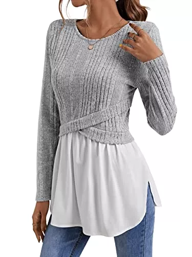 GORGLITTER Langarmshirts GORGLITTER Damen 2 in 1 Pullover Rundhals Lang Oberteil Casual Langarmshirt Rippenstrick Top mit Rüschensaum