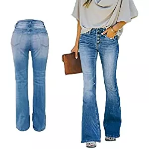 Sawmew Jeans Sawmew 90er Jahre Vintage-Jeans mit Knopfleiste, Hoher Taille, Ausgestelltem Bein, Damen, Hoher Bund, Distressed, Klassischer, Dehnbarer Denim-Schlag