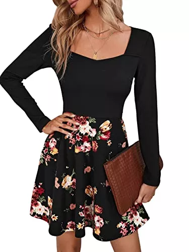 SheIn Freizeit SheIn Damen Kleid 2-in-one Blumen Kleider Skaterkleid Hohe Taille Freizeitkleid mit U-Ausschnitt