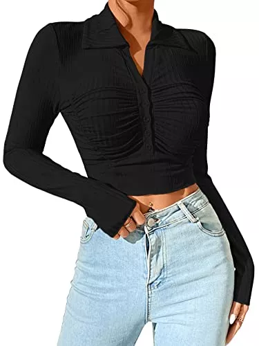 GORGLITTER Langarmshirts GORGLITTER Crop Top Langarm Damen Langarmshirt Mit Rüschen Crop Shirt Mit Knöpfen Bauchfreies Oberteil Strick Tshirt