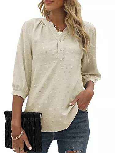 Bequemer Laden Langarmblusen Bequemer Laden Sommer Damen V-Ausschnitt 3/4 Ärmel Casual Tshirt Swiss Dot Knopfleiste Chiffon Oberteile Top T-Shirt Bluse Tunika