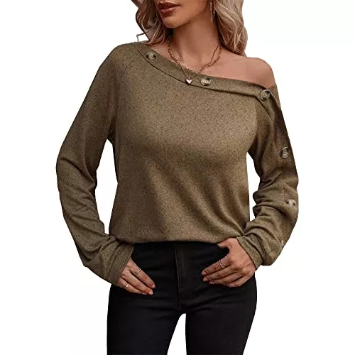 CM C&M WODRO Pullover & Strickmode CM C&M WODRO Pullover Damen Schulterfrei Sexy Oberteile Herbst Elegant Langarmshirt Longshirt Knopf Unten Bluse Tunika Tops Winter