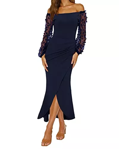 BTFBM Cocktail BTFBM Abendkleid Damen Elegant Off Shoulder Cocktailkleid Lange Ärmel Maxi Kleid Schlitz Ballkleid Festlich Hochzeitsgäste