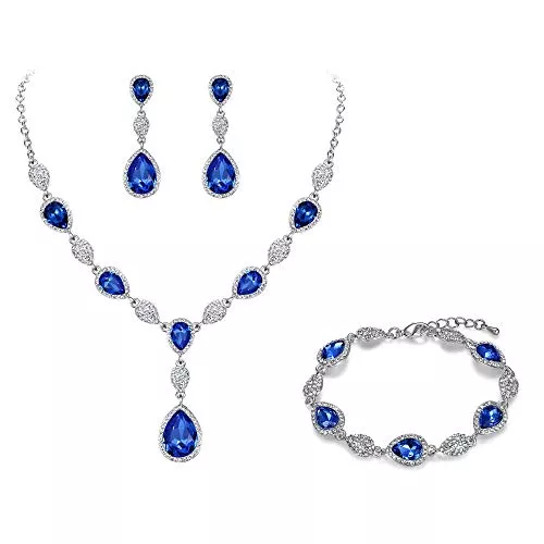 Clearine Schmuck Clearine Schmuckset Zirkonia Edelstein Diamante Teardrop Hochzeit Braut Kostüm Statement Y-Halskette Ohrringe Tennis Armband Set für Frauen Saphir-Blau Silber-Ton
