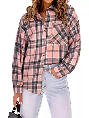 Moyabo Langarmblusen Moyabo Damen Hemdjacke Karierte Shacket Langarm Oversize Button-down Bluse lässige Langarmshirt