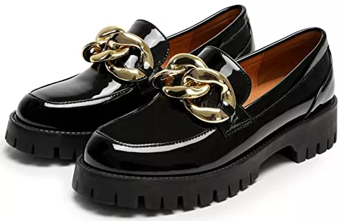 Riekhany Flache Schuhe Riekhany Plateau-Loafer für Damen, Lackleder, grobe Kette, Loafers, Komfort, Slip-On-Kleiderschuhe, Schuhe