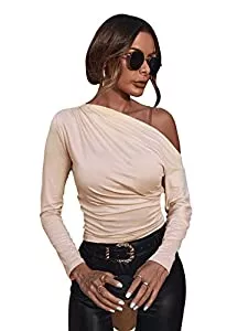 GORGLITTER Langarmshirts GORGLITTER Langarmshirt Damen Schulterfrei Oberteil Elegant Blusentops Mit Rüschen T-Shirt Mit Asymmetrischem Kragen Langarm Shirts