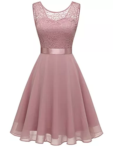 BeryLove Cocktail BeryLove Damen Spitzenkleid Brautjungfer Elegant Party Knielang Cocktailkleid Chiffon Ärmellos