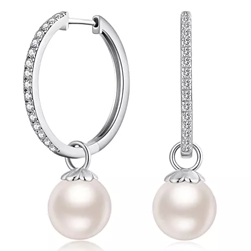 JiaYang Schmuck JiaYang Perlenohrringe Silber 925, Perlen Ohrringe Hängend Damen Perlen Creolen Ohrringe mit Perlen, CZ Diamant Zirkonia Perlen Ohrhänger Silber Perlen Leverback Ohrringe, Geschenk für Damen