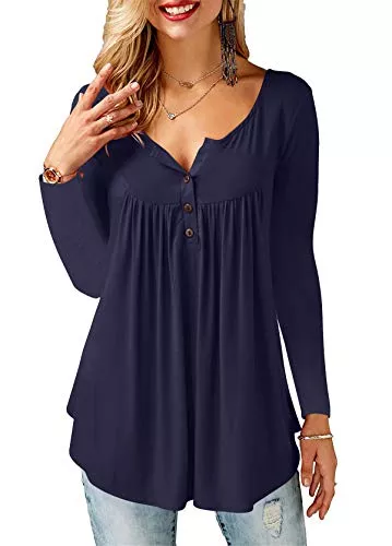 Amoretu Langarmblusen Amoretu T-Shirt Damen V-Ausschnitt Knopfleiste Bluse Solide Tunika Langarm/Kurzarm Tops