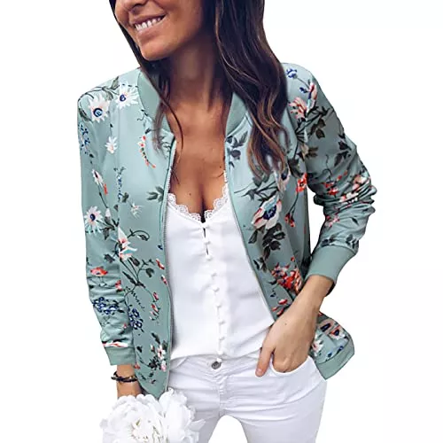 Ajpguot Jacken Ajpguot Damen Jacke Casual Blumenmuster Bomberjacke Langarm Outwear Reißverschluss Stehkragen Kurz Mäntel Frühling Sommer Leicht Jacken