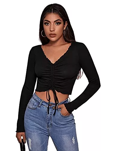DIDK Langarmshirts DIDK Damen Crop Top Bauchfrei Oberteile mit Kordelzug Langarmshirts V Ausschnitt Kurz Shirt mit Wellensaum