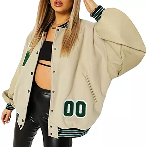 ORANDESIGNE Jacken ORANDESIGNE Übergangsjacke Damen Button Bomberjacke Bestickte Baumwolljacke Knopfjacke College Sweat Jacket Baseball Mantel Sport Jacke